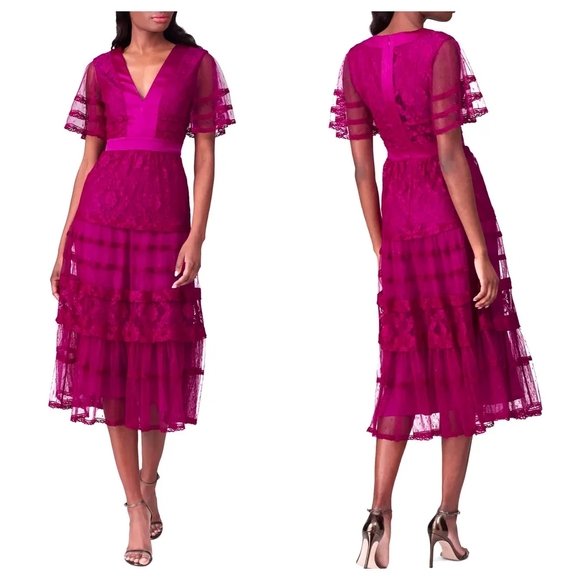 Temperley London Dresses & Skirts - Temperley London Dress Florence Lace Midi Short Sleeve Ruffle Purple 6